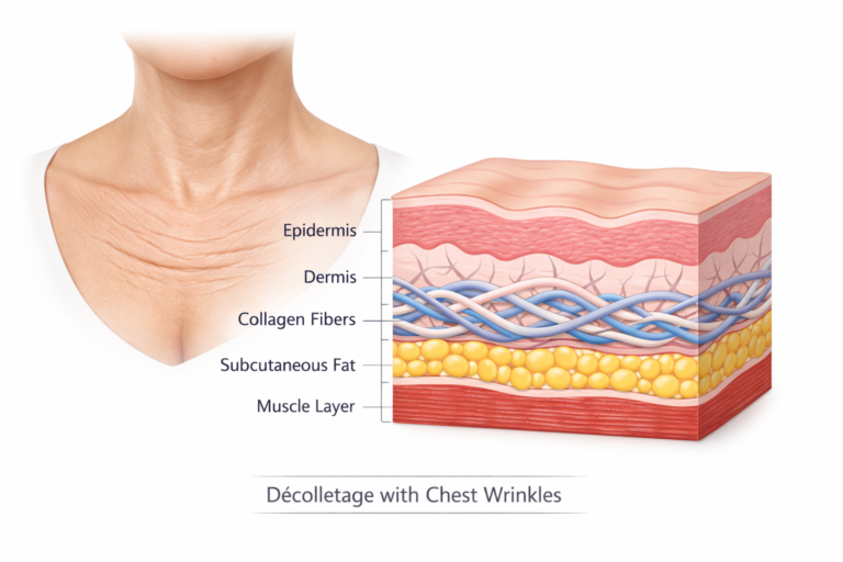 Illustration of chest décolletage showing skin layers and chest wrinkles anatomy