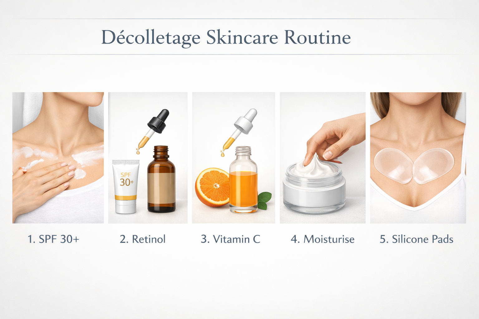 Décolletage skincare routine infographic for preventing chest wrinkles with SPF and retinol