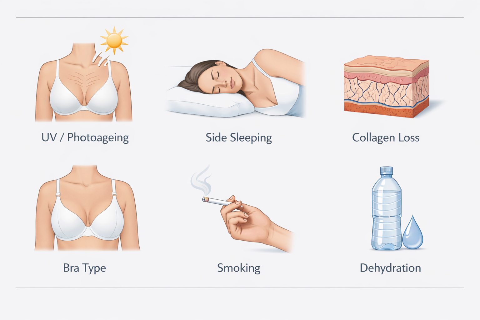 Infographic showing six main causes of chest wrinkles including UV damage and side sleeping