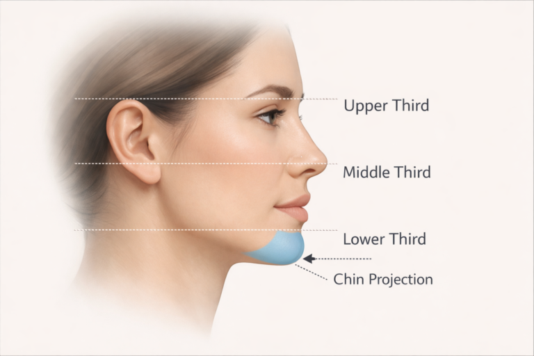 Facial thirds diagram showing the chin's role in lower face proportion and facial harmony