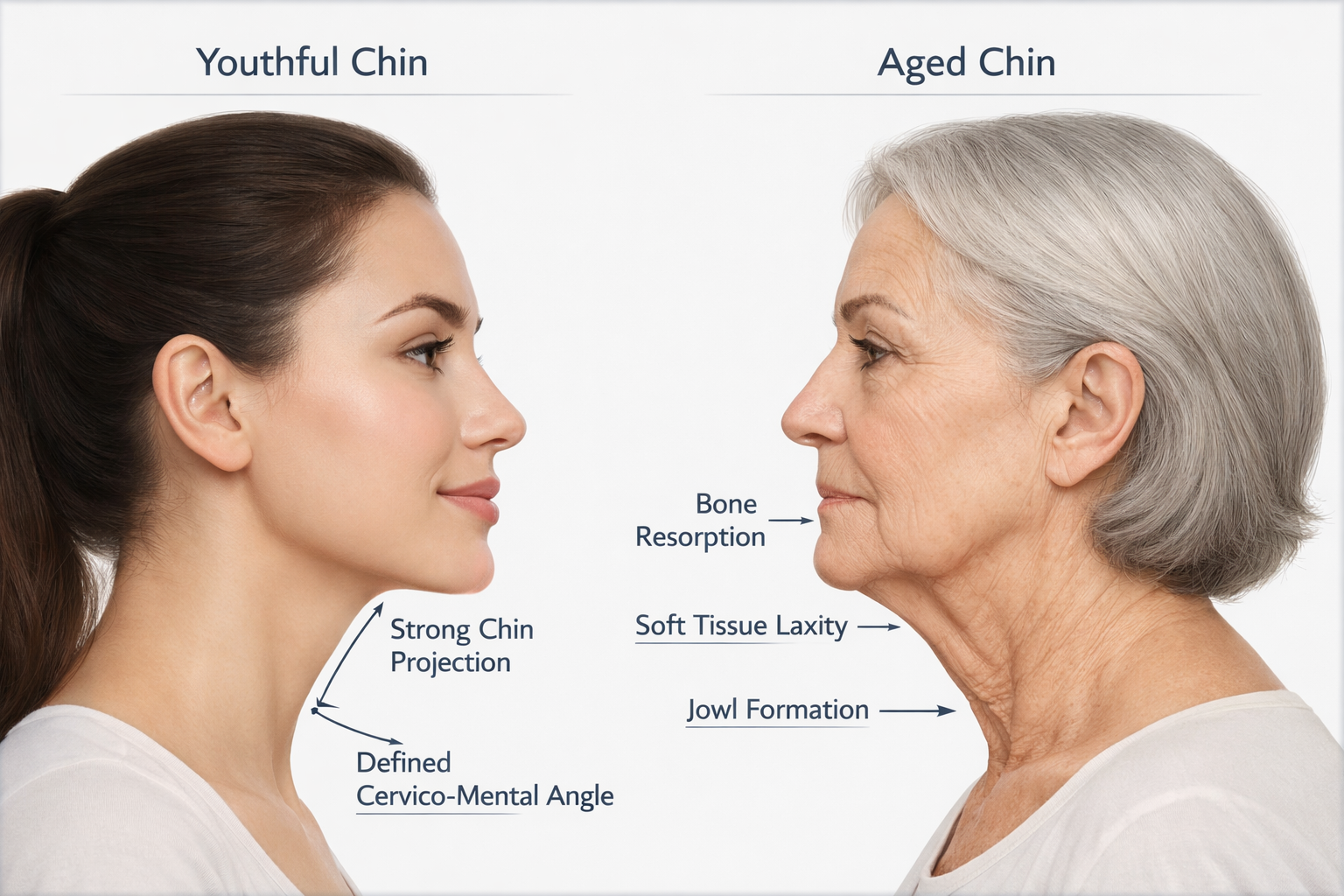 Illustration comparing youthful chin projection with age-related bone resorption and soft tissue