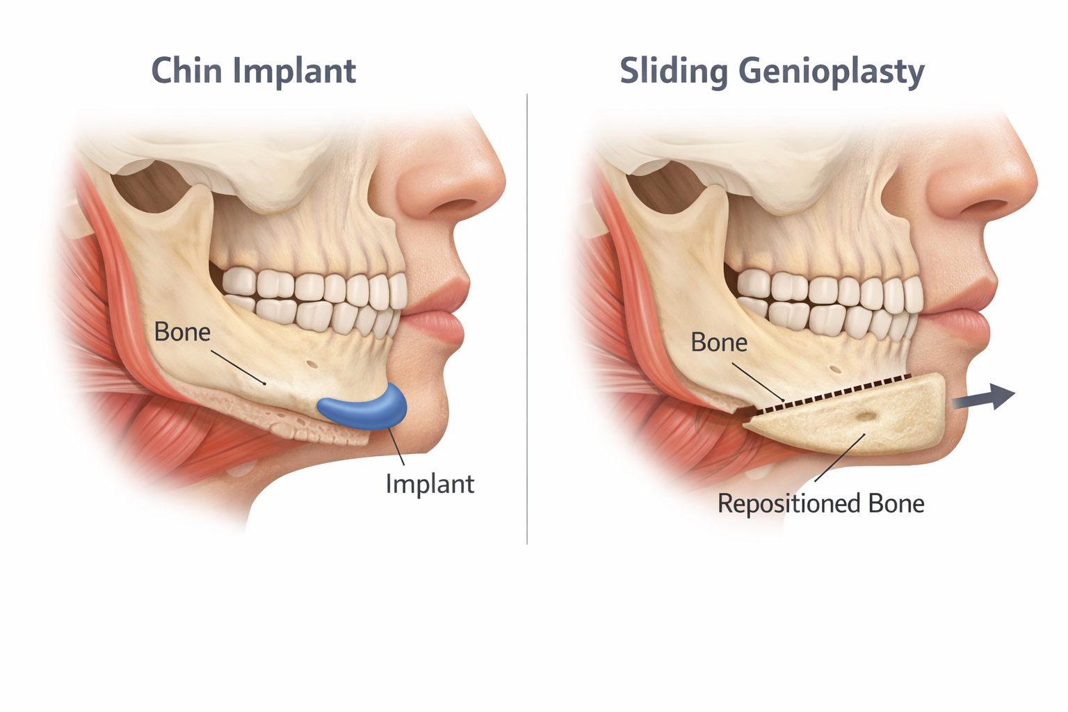 Medical diagram comparing chin implant augmentation versus sliding genioplasty bone repositioning