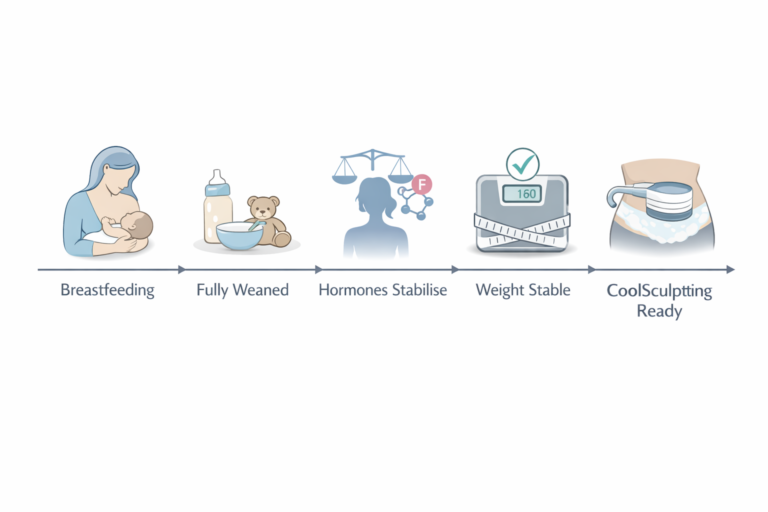 Postpartum CoolSculpting timing guide showing stages from breastfeeding to safe treatment