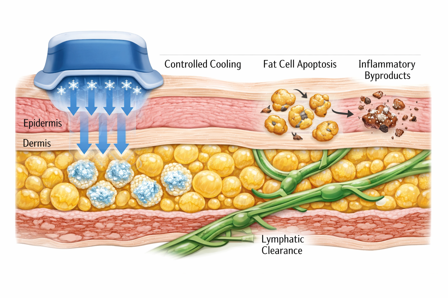 Diagram showing cryolipolysis fat cell breakdown and lymphatic clearance of inflammatory byproducts
