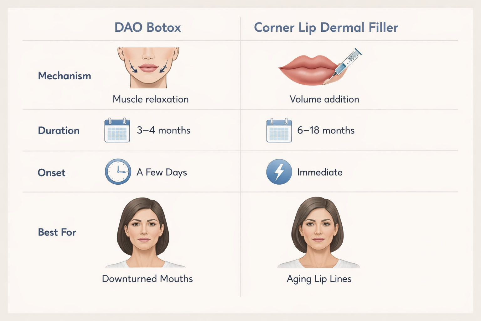 Comparison of DAO Botox and dermal fillers for downturned mouth corners