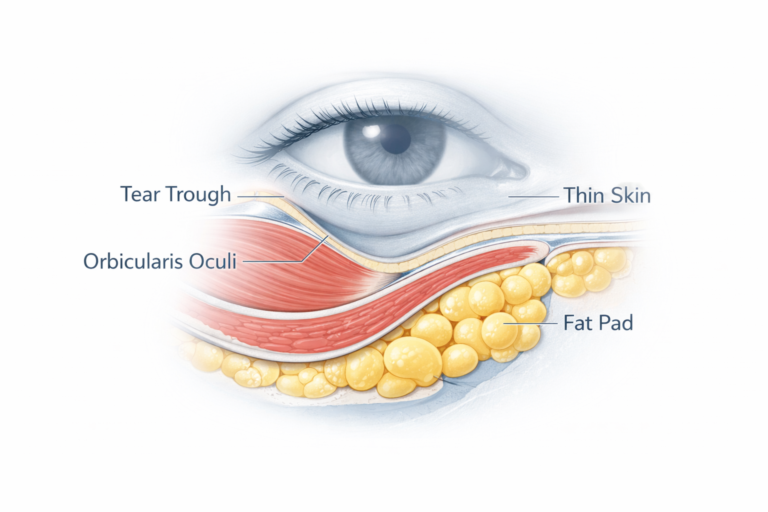 Illustration of under-eye anatomy showing tear trough, thin skin, and fat pads