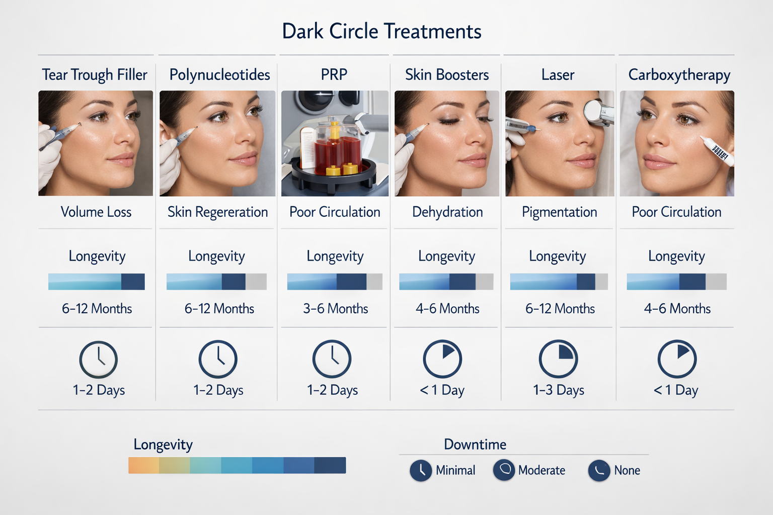 Comparison chart of non-surgical dark circle treatments showing target cause and longevity