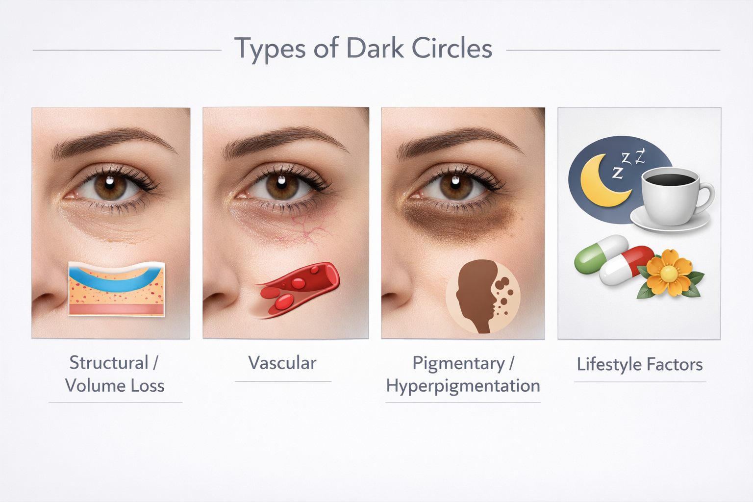 Infographic showing four causes of dark circles: structural, vascular, pigmentary, and lifestyle