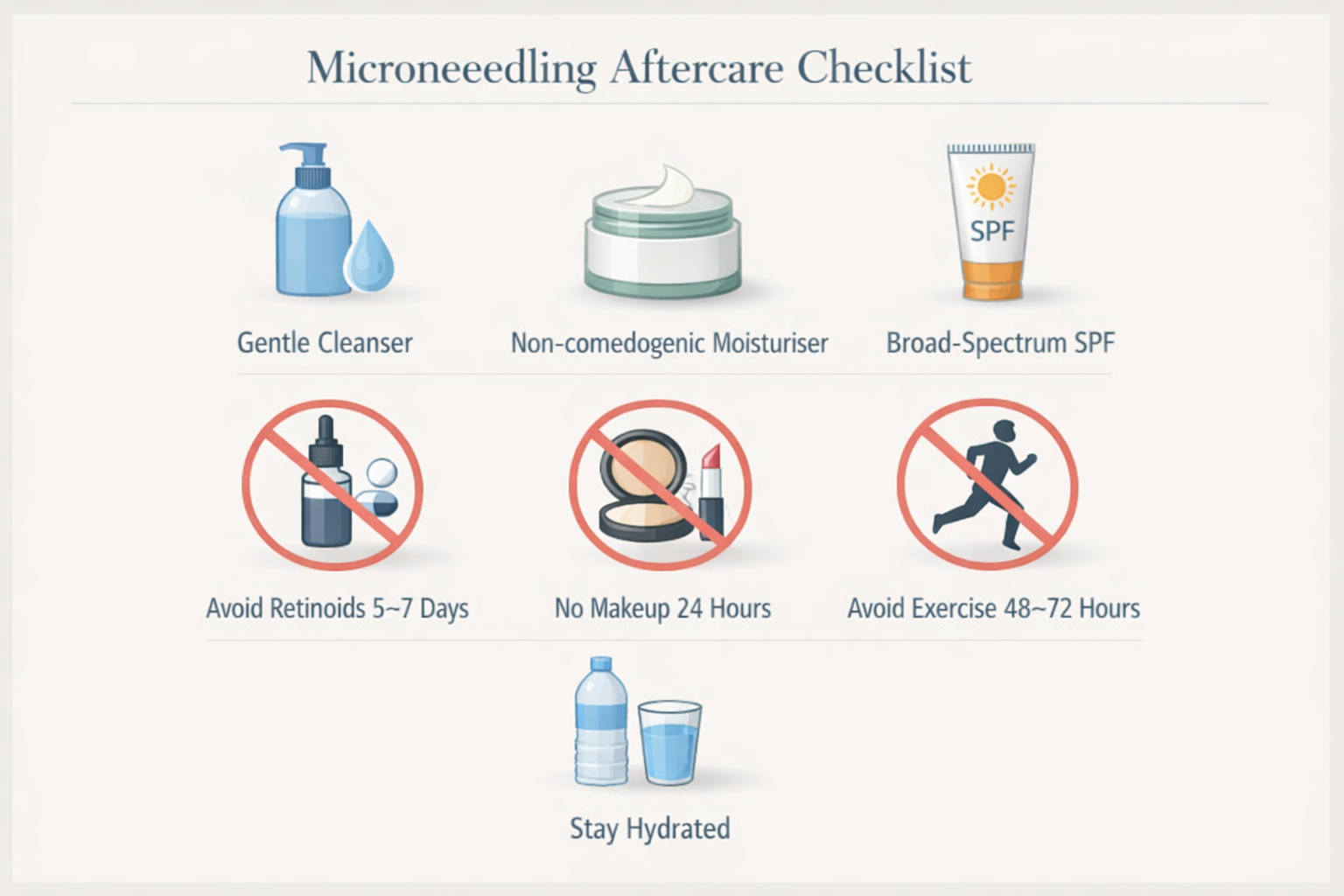Microneedling aftercare checklist showing SPF, gentle cleanser, moisturiser and activity