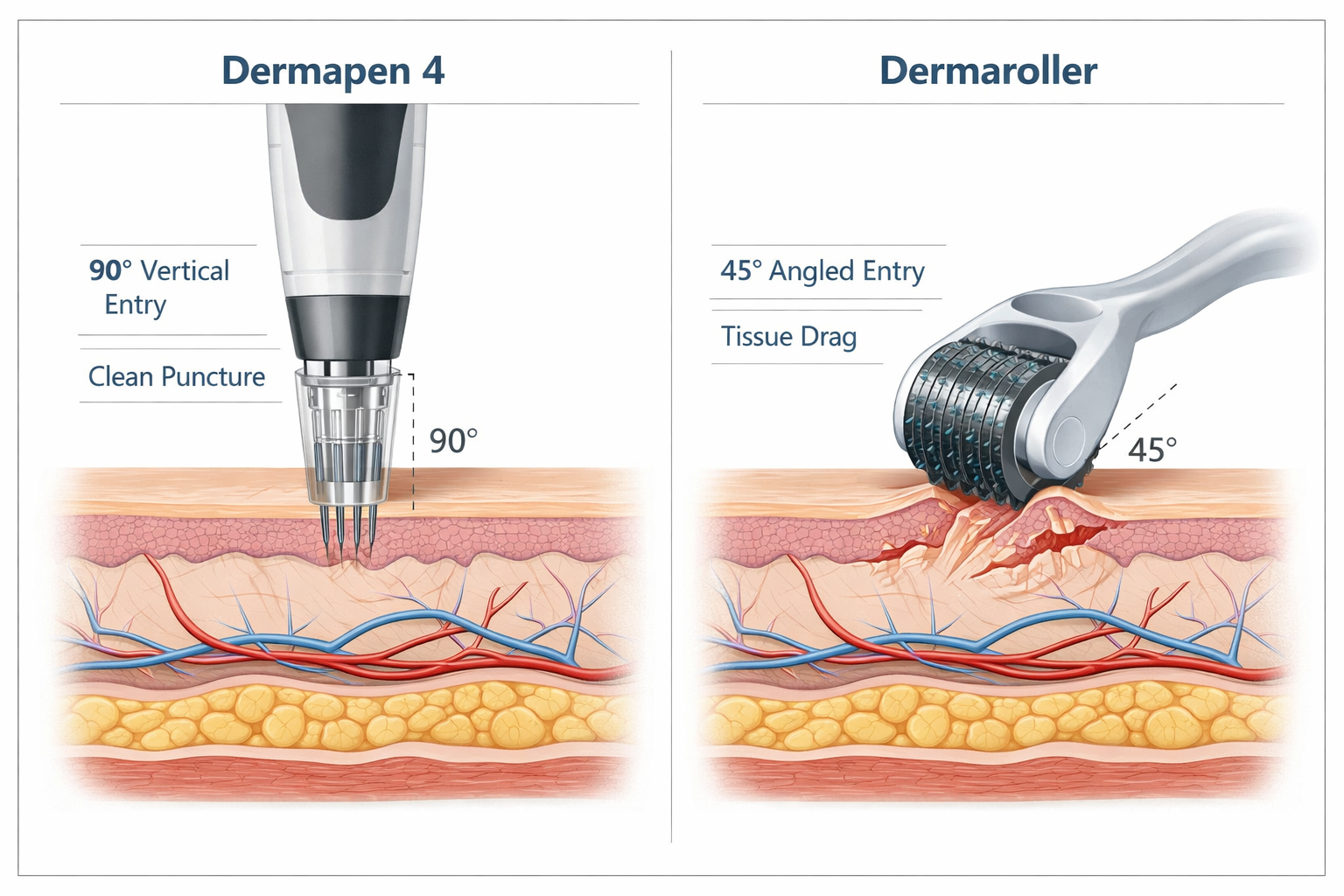 Comparison of Dermapen vertical needle entry versus dermaroller angled dragging motion on skin