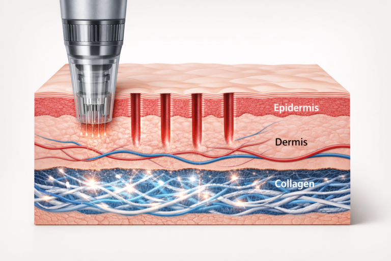 Dermapen microneedling device creating micro-channels in skin cross-section to stimulate collagen
