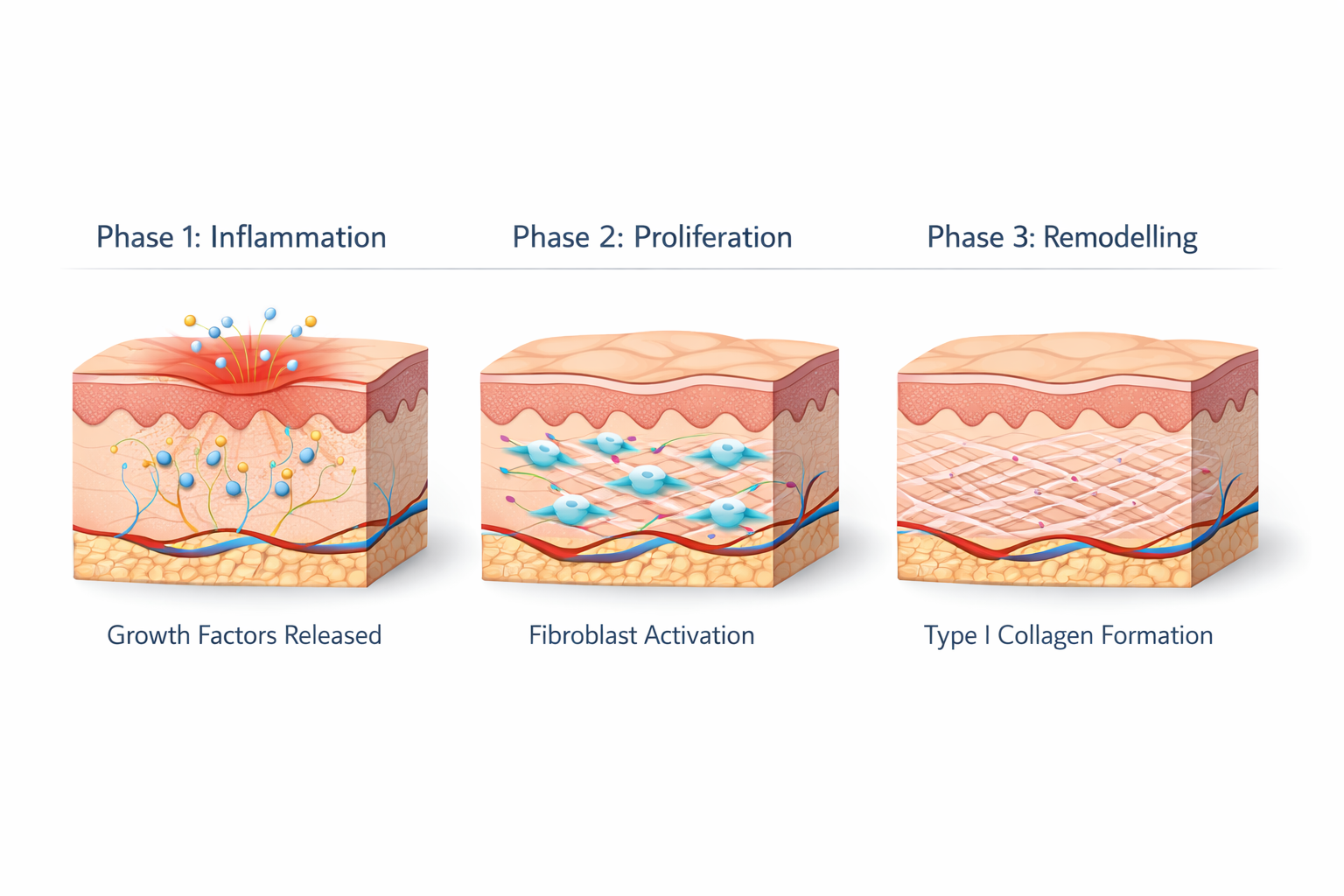 Three-phase wound healing cascade after microneedling: inflammation, proliferation, and remodelling
