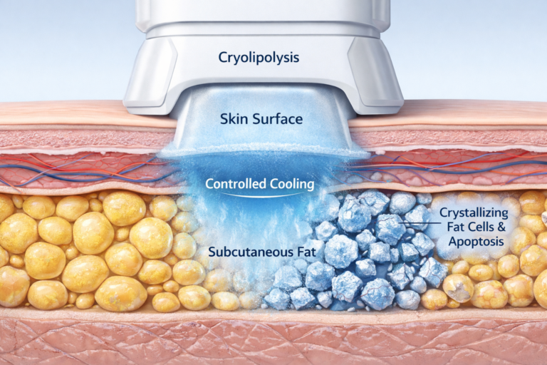 Cryolipolysis fat freezing illustration showing controlled cooling targeting subcutaneous fat cells