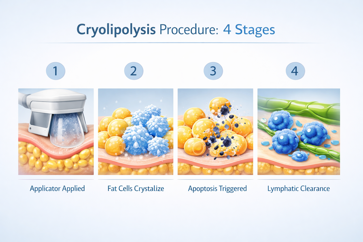 Four-step cryolipolysis process from applicator placement to fat cell elimination via lymphatic