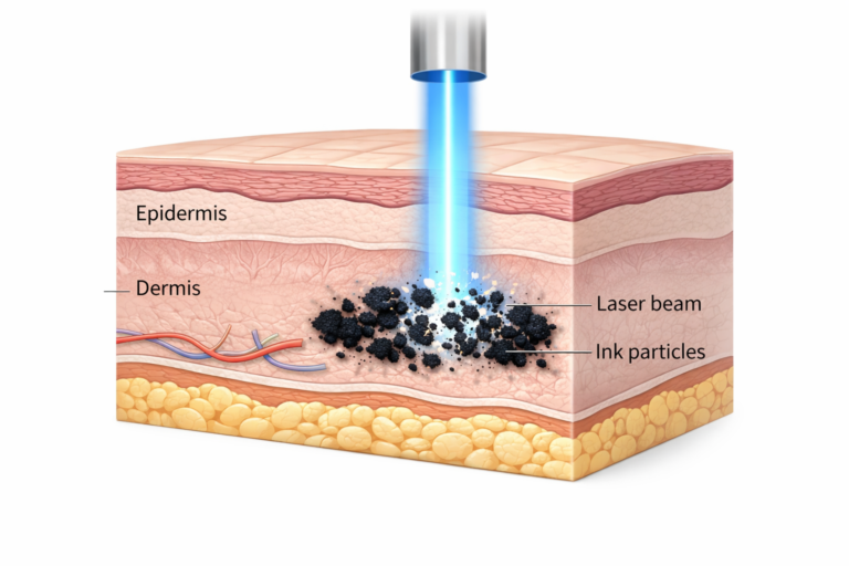 Illustration of laser tattoo removal targeting ink particles in the dermis via selective