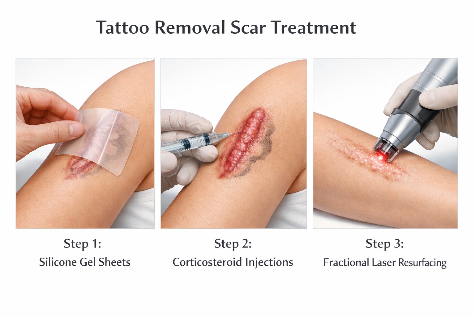 Treatment pathway for tattoo removal scars showing silicone sheets, steroid injections and