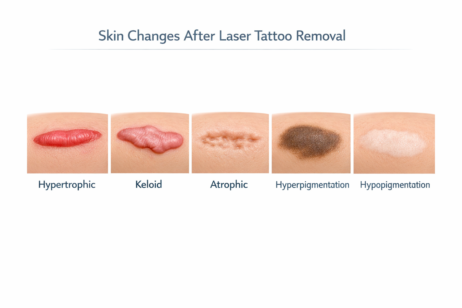 Infographic showing five types of skin changes after laser tattoo removal including keloid and