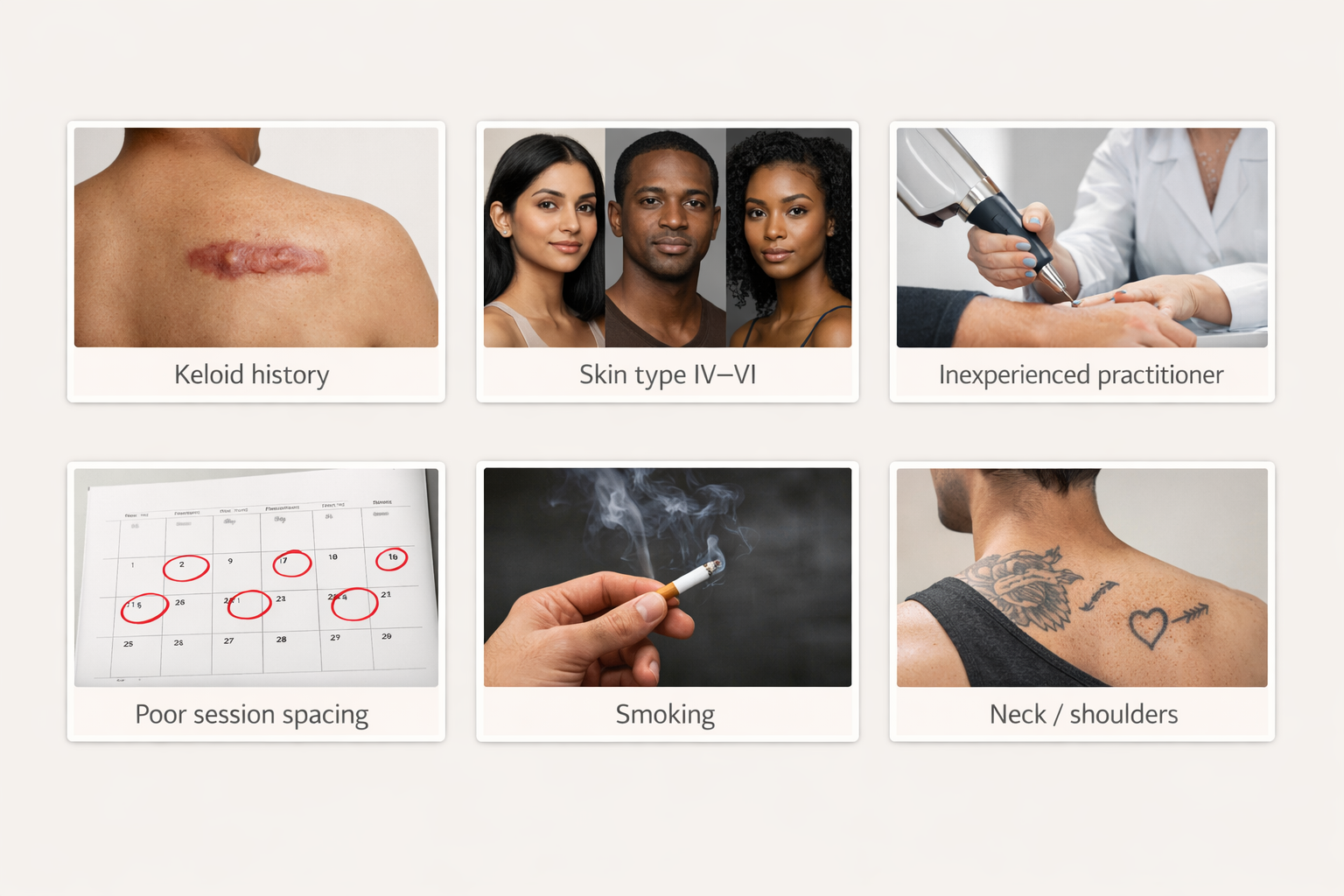 Risk factor cards for scarring after laser tattoo removal including skin type and practitioner