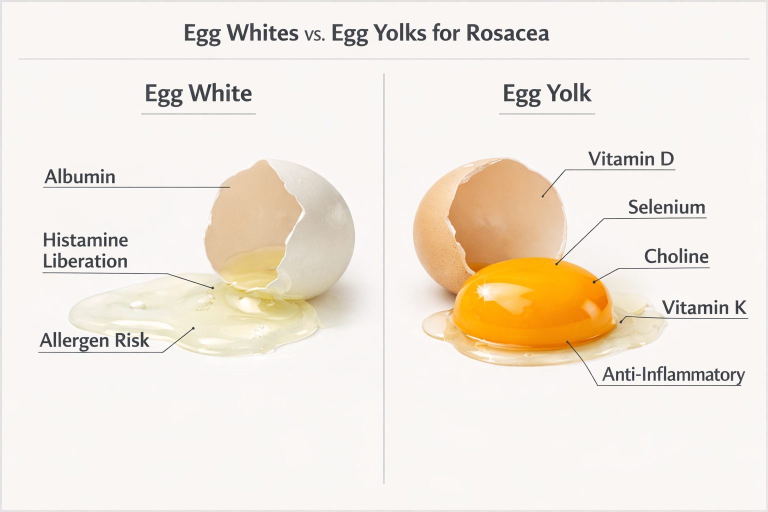 Infographic comparing egg white and egg yolk nutritional properties relevant to rosacea management
