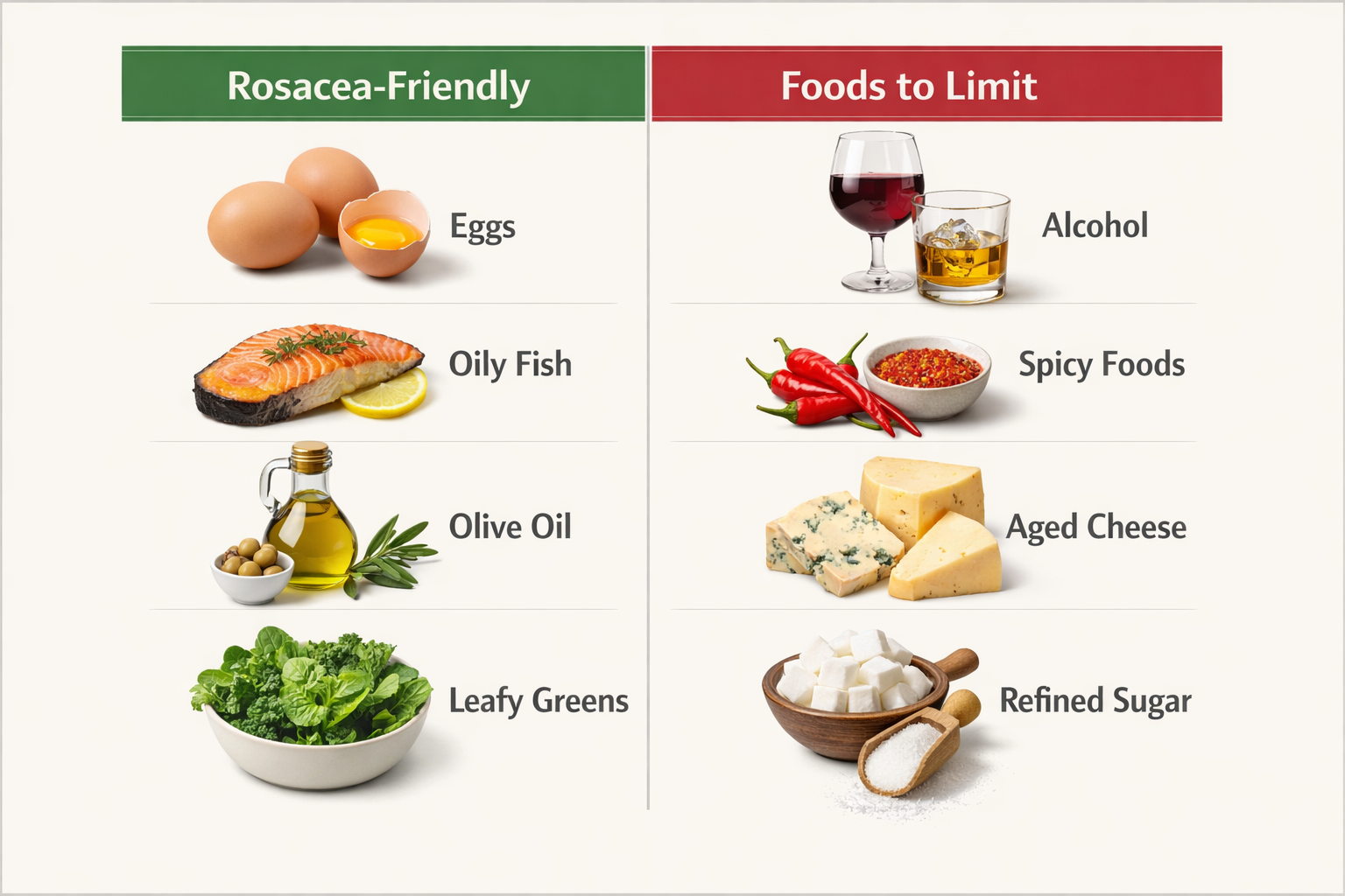 Fact cards showing rosacea-friendly foods versus foods that may trigger rosacea flare-ups
