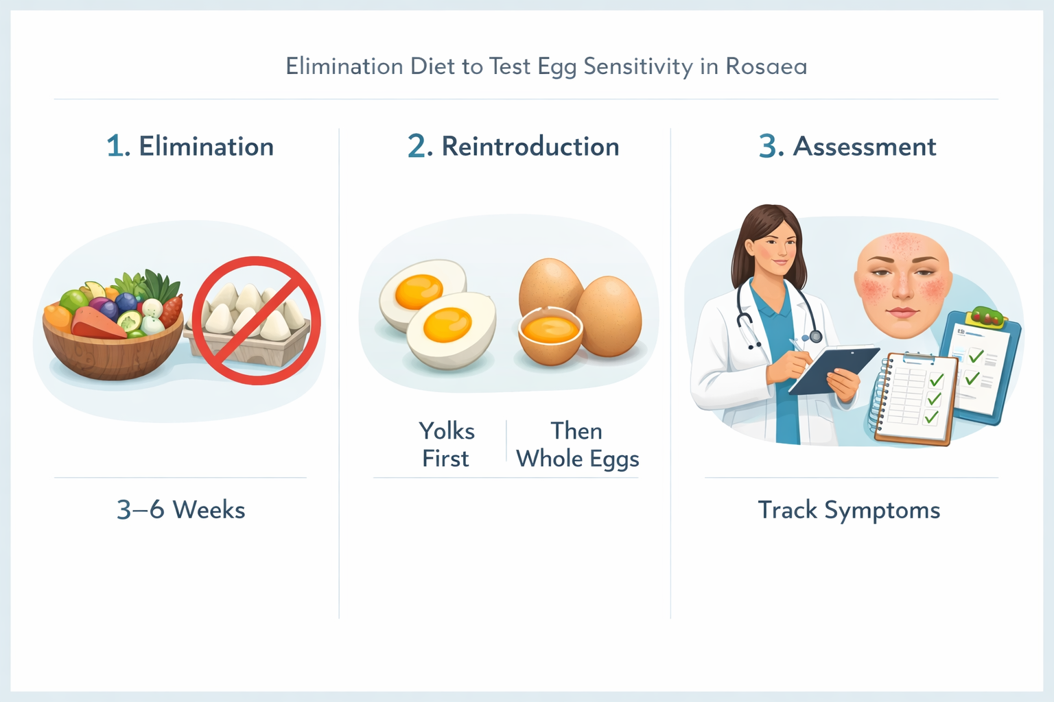 Three-step elimination diet process diagram for testing egg sensitivity in rosacea sufferers