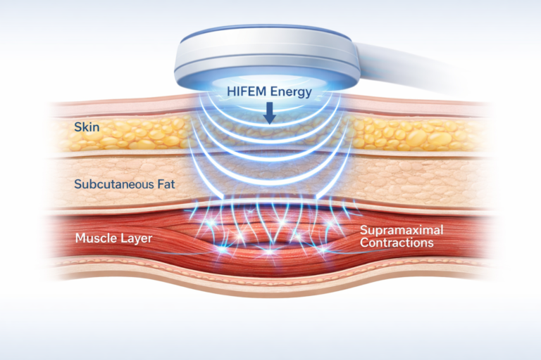 Emsculpt HIFEM technology illustration showing electromagnetic energy targeting muscle and fat