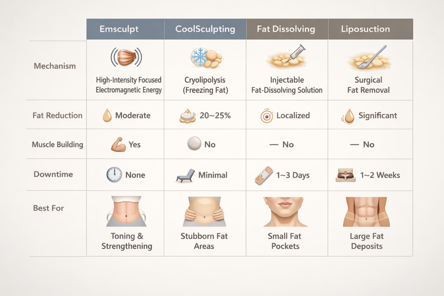 Comparison chart of Emsculpt versus CoolSculpting, fat dissolving injections, and liposuction
