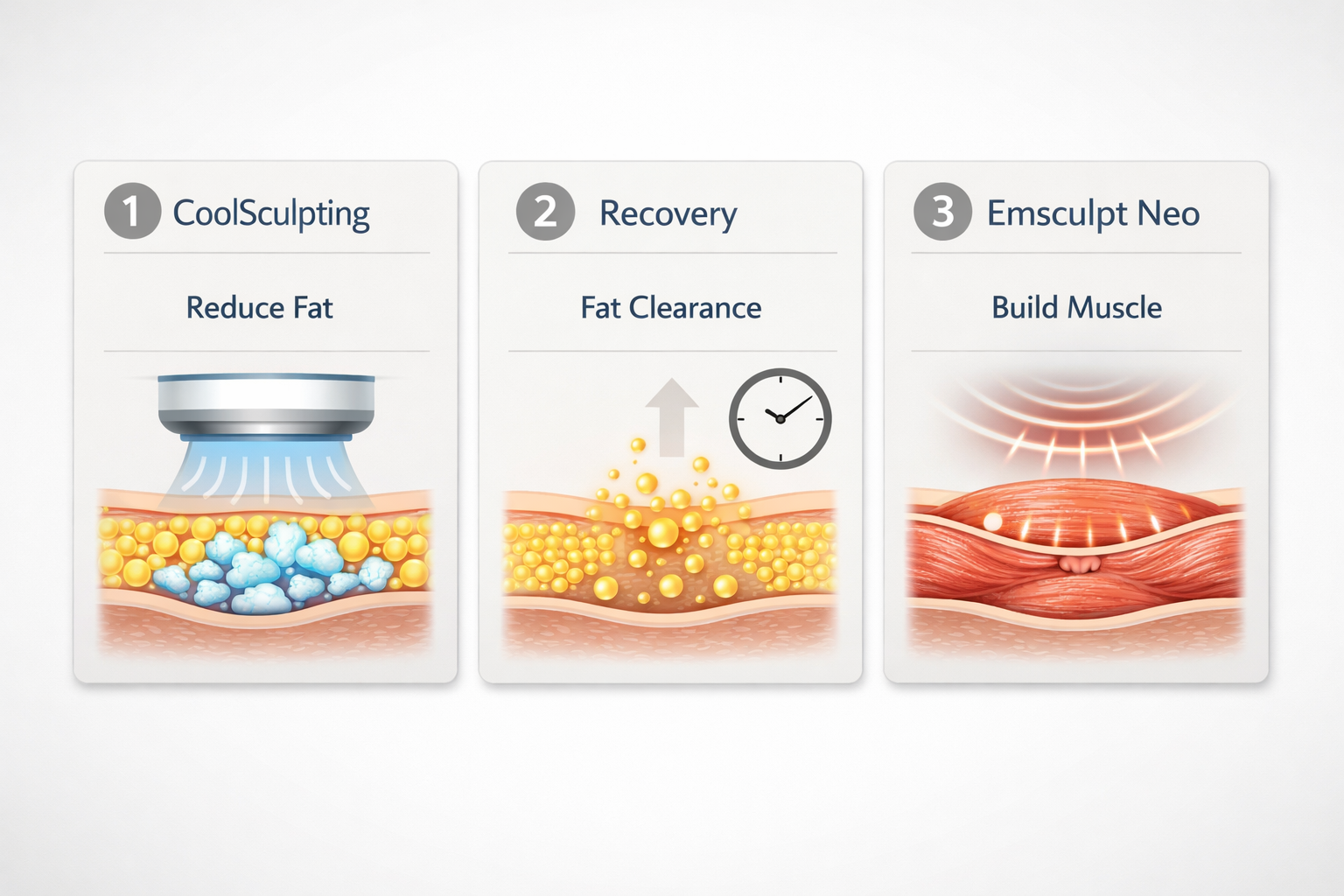 Three-step combination treatment sequence showing CoolSculpting then Emsculpt Neo protocol
