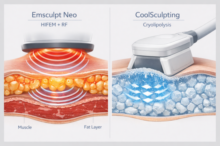 Emsculpt Neo vs CoolSculpting comparison illustration showing HIFEM RF and cryolipolysis mechanisms