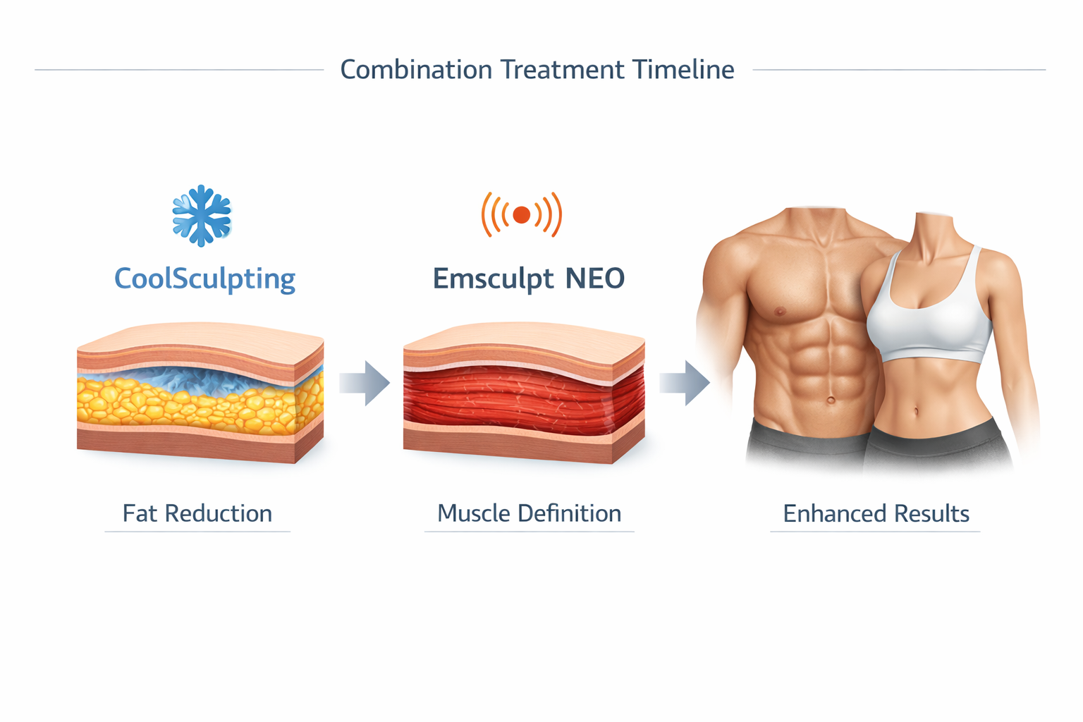 Combination treatment sequence diagram showing CoolSculpting followed by Emsculpt NEO for body