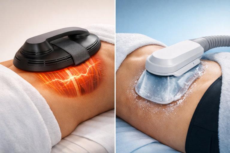 Emsculpt NEO vs CoolSculpting Elite non-invasive body contouring comparison illustration