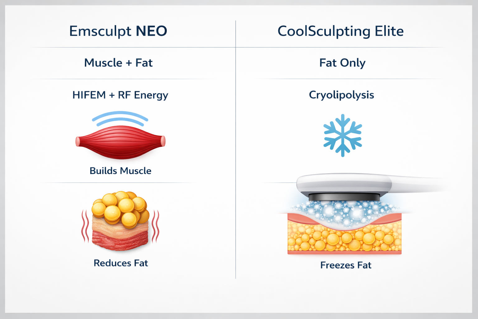 Infographic comparing Emsculpt NEO muscle and fat targeting versus CoolSculpting fat-only