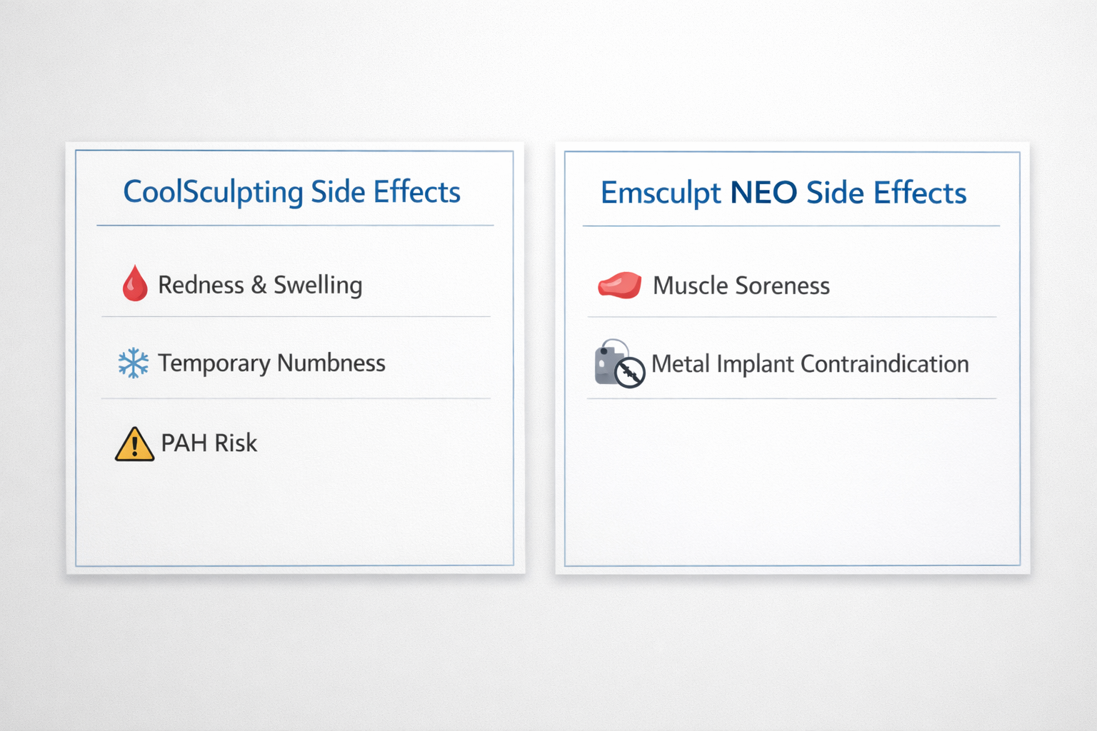 Side effects and safety comparison fact cards for CoolSculpting and Emsculpt NEO