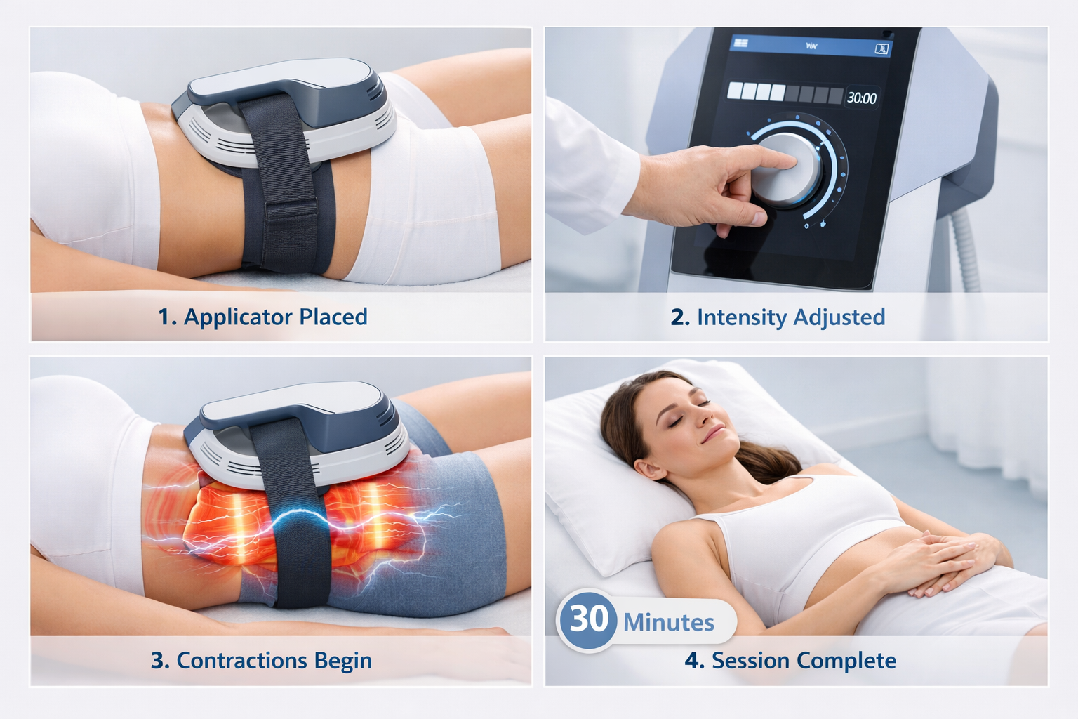 Step-by-step illustration of an Emsculpt treatment session from applicator placement to completion