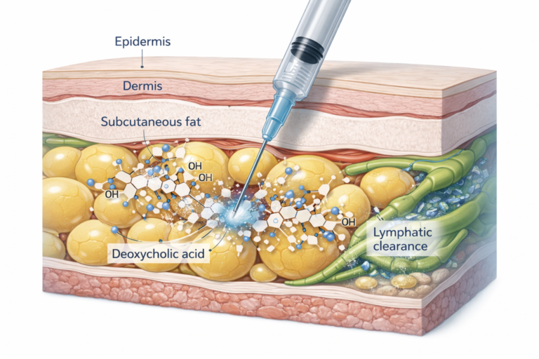 Illustration of fat dissolving injection targeting subcutaneous fat cells with deoxycholic acid