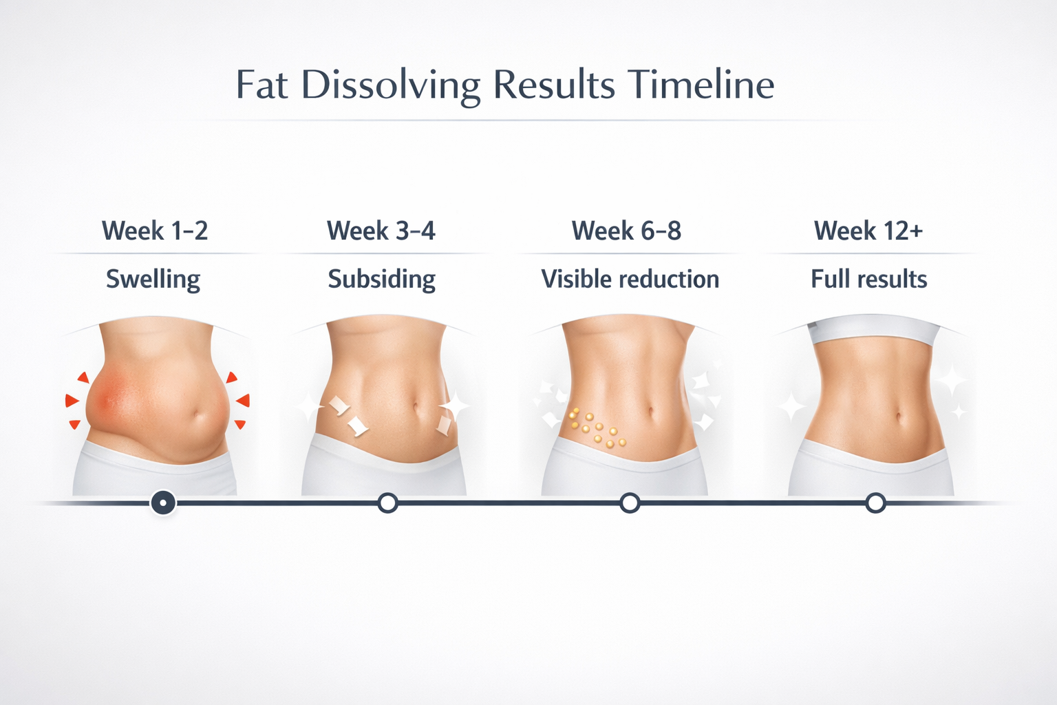Timeline infographic showing fat dissolving injection results from week one to twelve weeks