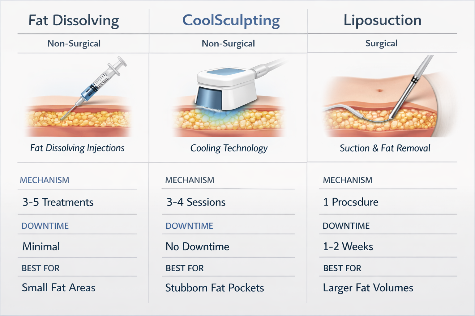 Comparison graphic of fat dissolving injections versus CoolSculpting versus liposuction