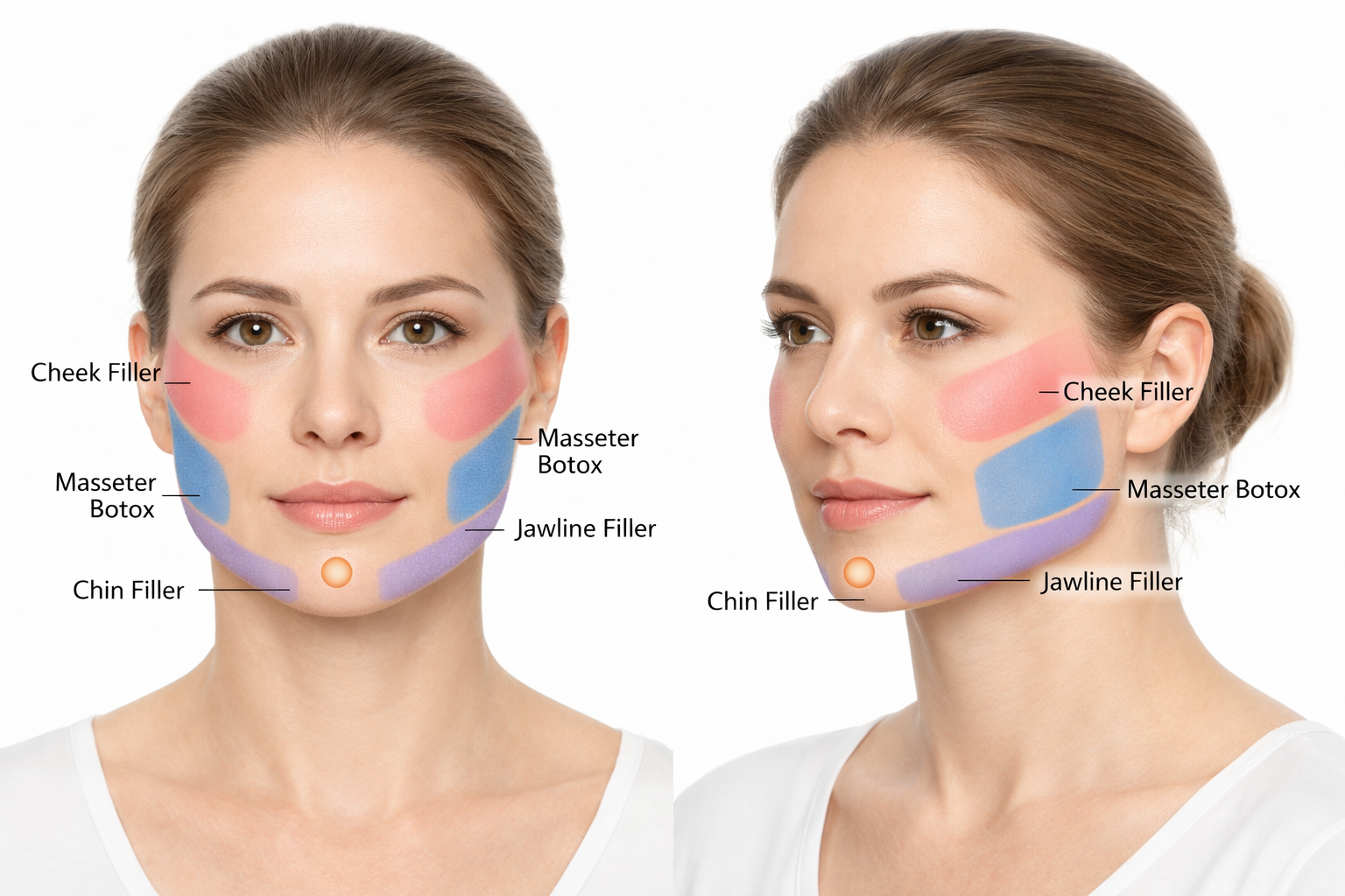 Diagram showing combination treatment zones for lower face contouring including chin filler and