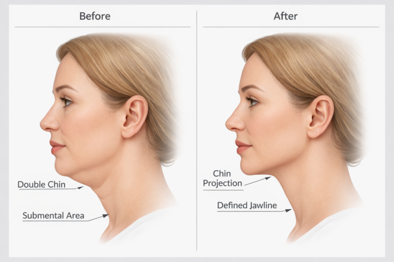 Side profile illustration showing how chin filler improves projection and reduces double chin