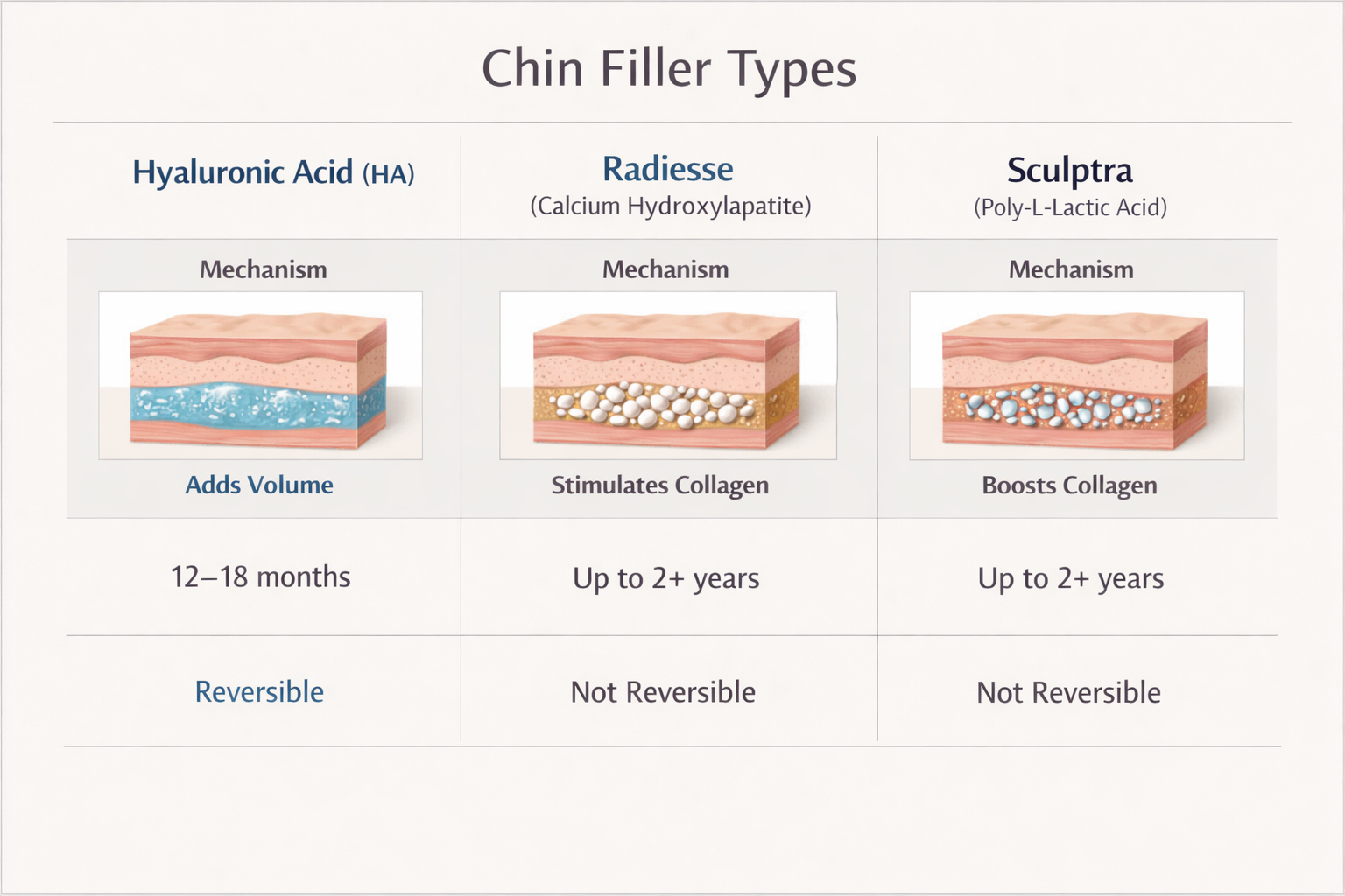 Infographic comparing hyaluronic acid, Radiesse, and Sculptra chin fillers by mechanism and