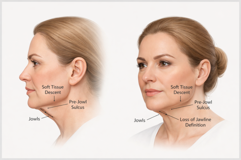 Illustration showing jowl formation and soft tissue descent along the lower face and jawline