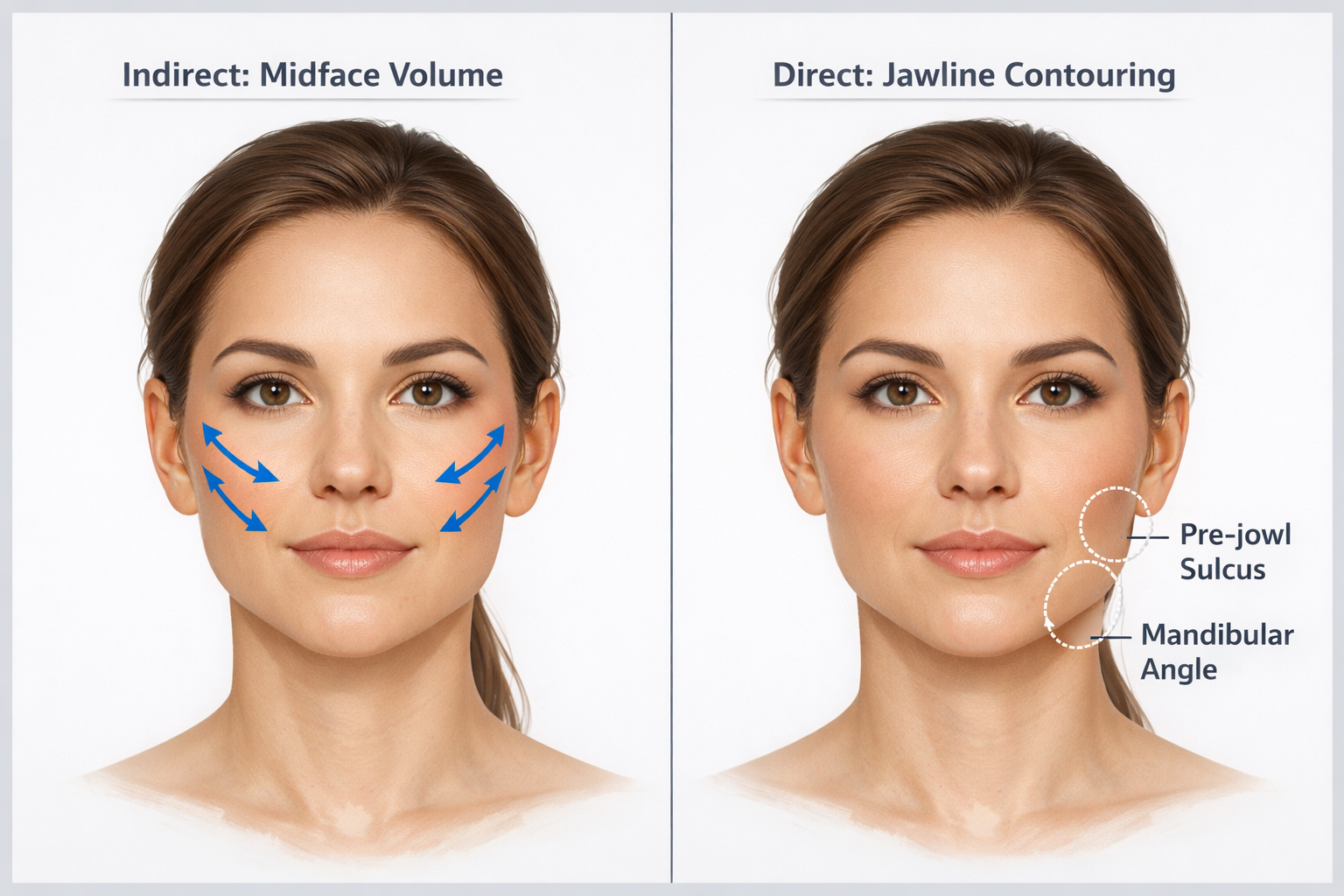 Diagram showing indirect midface filler and direct jawline filler approaches for treating jowls