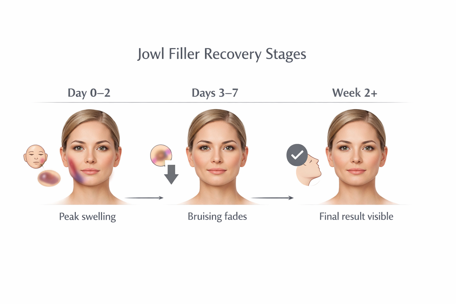 Recovery timeline infographic for dermal filler jowl treatment from day zero to week two
