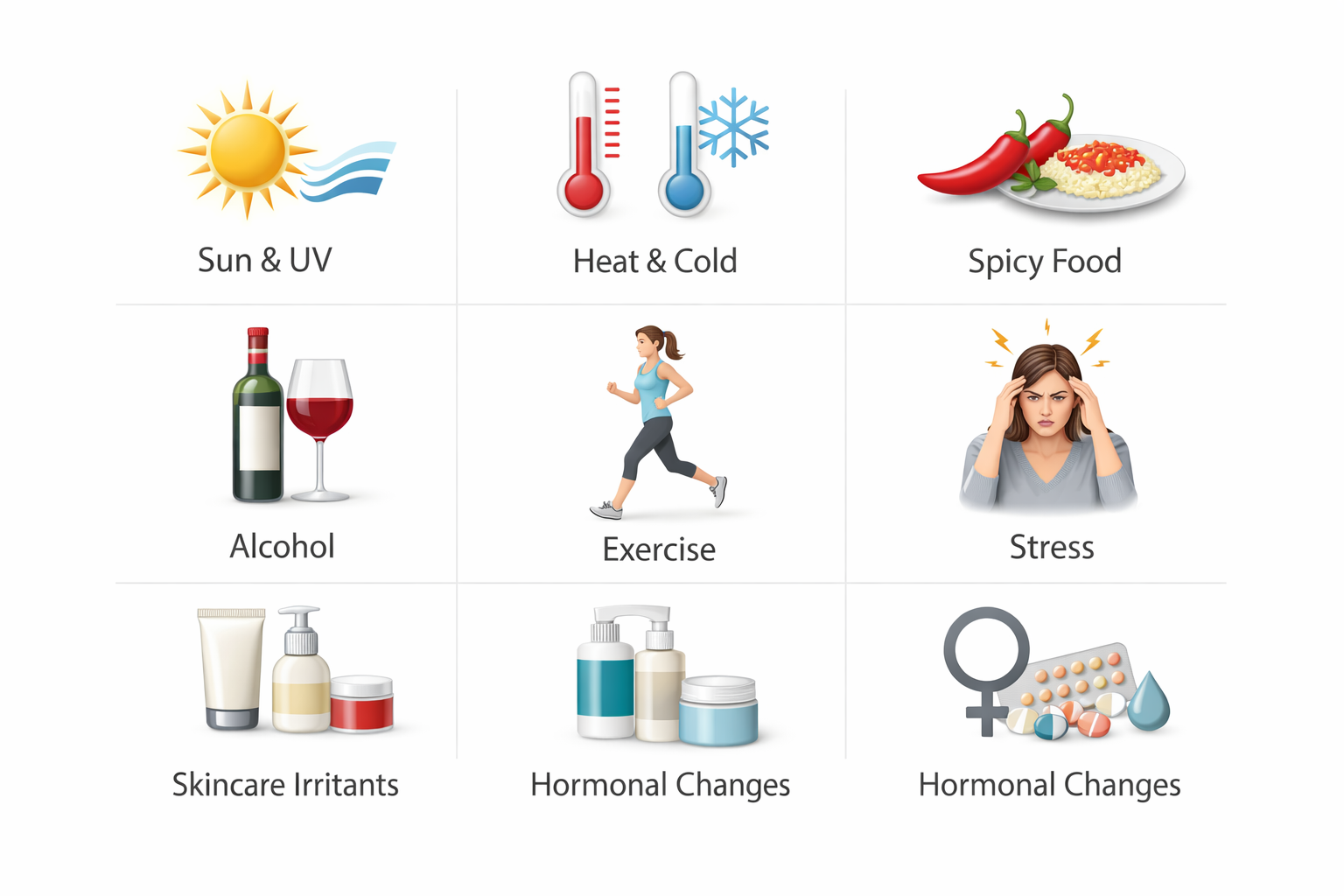Infographic listing common rosacea triggers including sun exposure, heat, alcohol, stress and