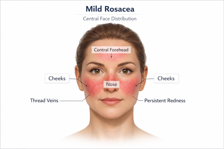 Illustration of first stage mild rosacea showing persistent facial redness and thread veins on
