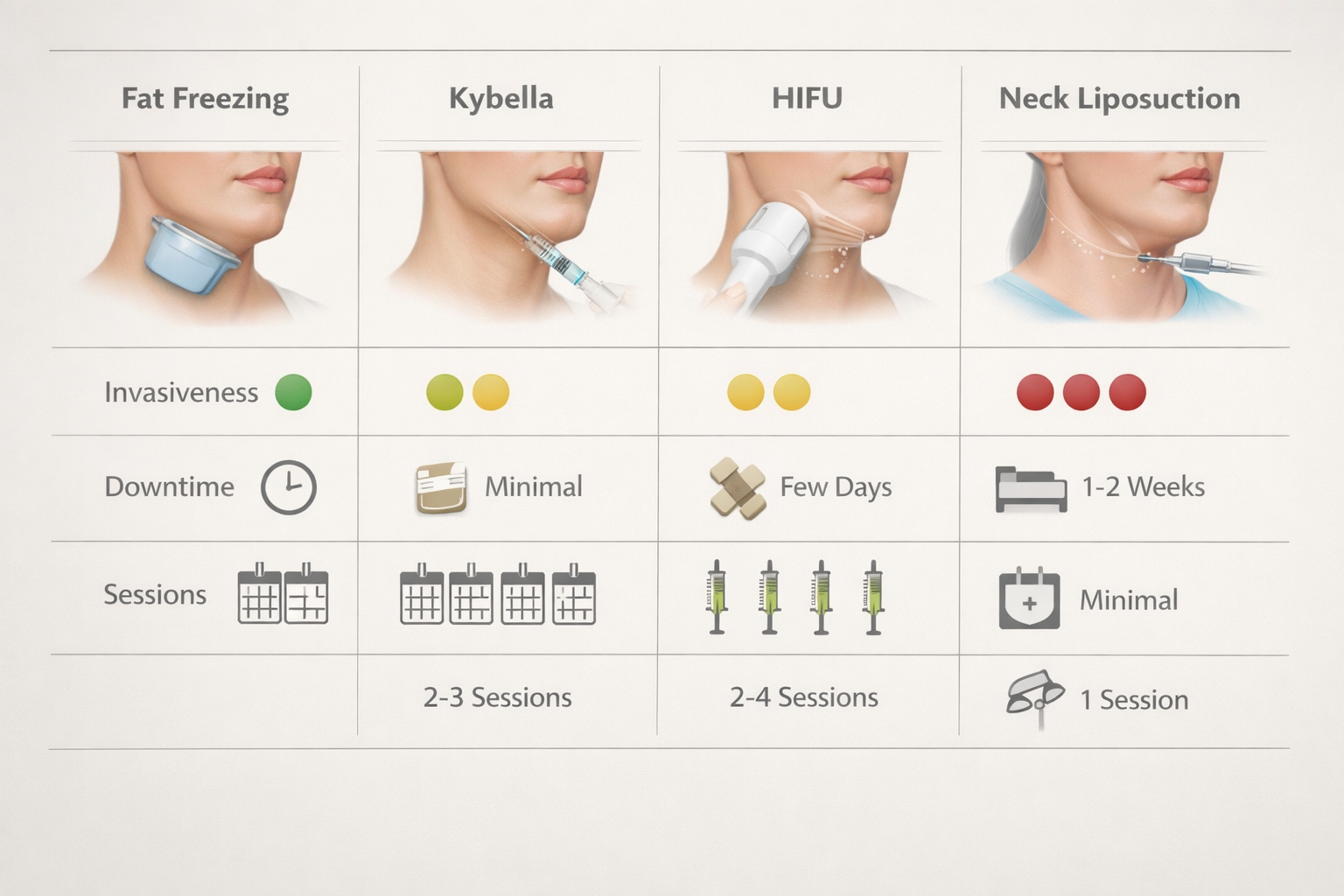 Comparison of double chin treatments: fat freezing, Kybella, HIFU, and neck liposuction