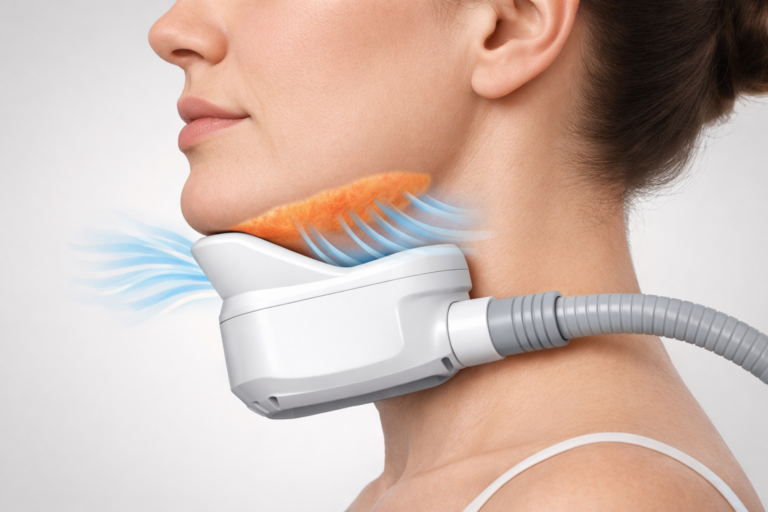 Cryolipolysis applicator targeting submental fat beneath the chin for double chin reduction