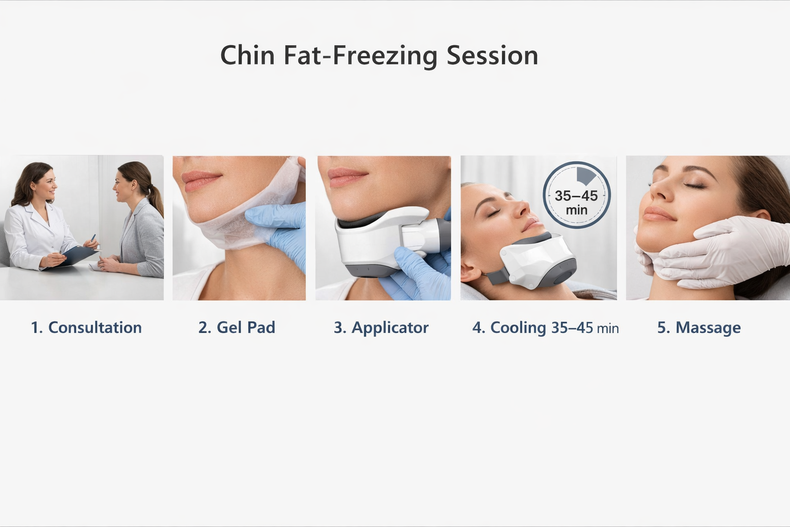 Five-step process diagram showing what happens during a chin fat-freezing cryolipolysis session
