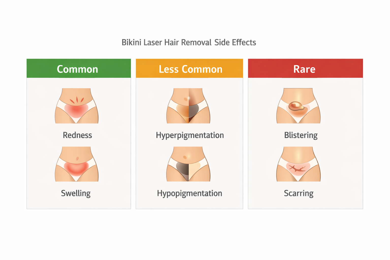 Risk stratification fact cards for bikini laser hair removal side effects by frequency
