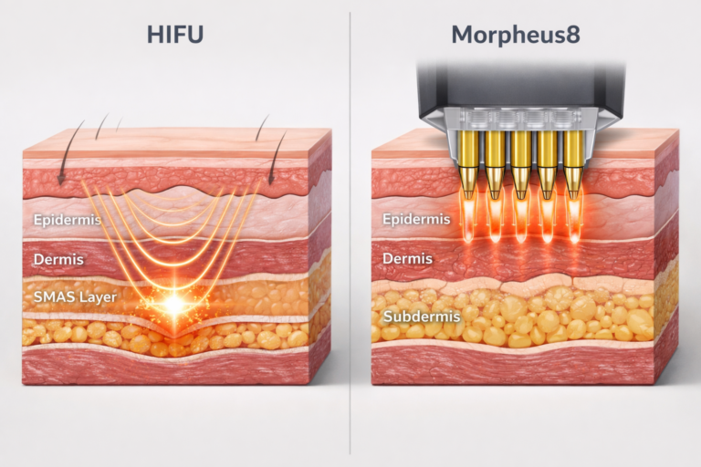 HIFU vs Morpheus8 treatment depth comparison illustration showing ultrasound and RF microneedling